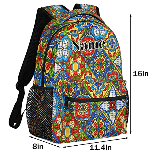 Custom Ethnic Mexican Talavera Backpack for Teens Boys Girls, Add Your Own Text Name Mexican Tiles Personalized Schoolbag Bookbags, Customized Laptops Backpack for Men Women