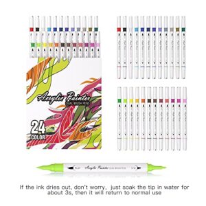 Mogyann Acrylic Paint Pens, 24 Colors Dual Tip Paint Markers with Brush Tip and Fine Tip, Colored Markers for Rock, Wood, Canvas Painting, Glass, Ceramic Surfaces