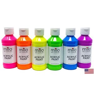 milo fluorescent acrylic paint set of 6 colors | 4 oz bottles | student neon colors acrylics painting pack | made in the usa | non-toxic art & craft paints for artists, kids, & hobby painters | glows uv in black light