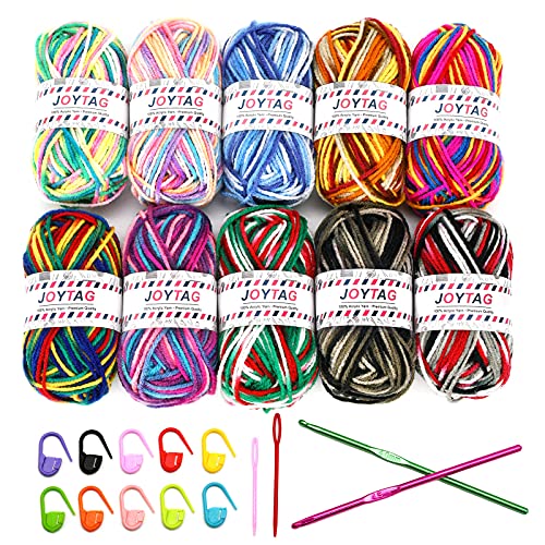 JOYTAG 10 Acrylic Yarn Skeins,Multicolor Crochet Craft Yarn for Crocheting and Knitting,with Crochet Hooks Knitting Needles Stitch Markers,Crochet Yarn Starter Kit for Beginners(650 Yard/250g)