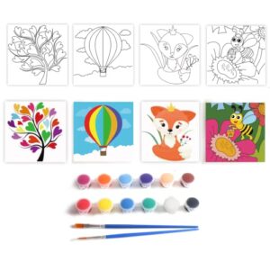 aosemili acrylic paint set for kids – 4 pre-stenciled painting canvas panels 8 x 8 inches with 12 paints 2 brushes for girls boys and beginners