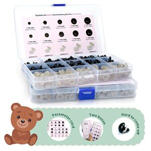 800PCS Safety Eyes and Noses for Amigurumi, 2 Boxes Crochet Eyes with Size Chart, Black Plastic Craft Doll Eyes with Washers for Crochet Stuffed Animals, Crochet Toy and Teddy Bear, Assorted Sizes