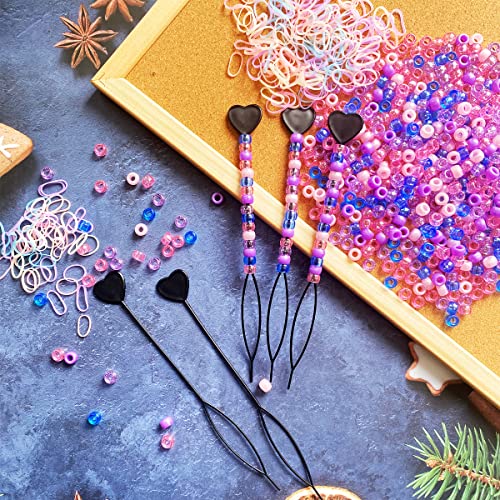 1406 Pieces Pony Beads Set Including 6 Pieces Quick Beader for Kid Hair Braids, 900 Multicolor Plastic Pony Beads and 500 Pieces Mini Rubber Bands Soft Elastic Bands,Can be Used for Hair Braids