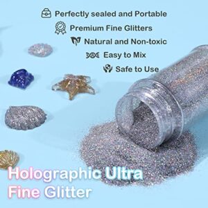 HTVRONT Holographic Extra Fine Glitter Powder - 50g/1.76oz Silver Glitter for Resin, 0.008"Portable Ultra Fine Glitter Powder for Nails, Candle Making, Crafts, Slime Fine Silver Glitter