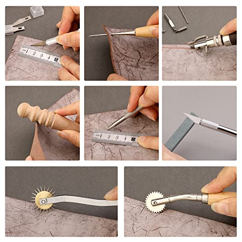 Leather Working Tools Leather Craft Kit and Supplies Upholstery Repair Kit with Waxed Thread Stitching Groover Awl for Punch Stitching, Leather Sewing and DIY Craft Making