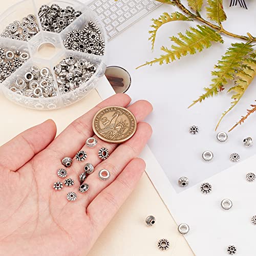 PH PandaHall 300pcs 6 Style Antique Silver Spacer Beads, Tibetan Metal Alloy Jewelry Beads Tube Spacers Flower Flat Rondelle Small Loose Beads for Bracelet Necklace Earring Jewelry Making Supplies