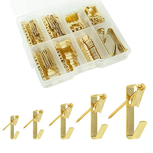 Picture Hanging Kit ， 10-100lbs Heavy Duty Picture Hangers ，140pcs Golden Picture Hanging Hooks，Picture Hooks Hardware for Picture Frame, Painting，Portraits , Mirror