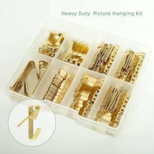 Picture Hanging Kit ， 10-100lbs Heavy Duty Picture Hangers ，140pcs Golden Picture Hanging Hooks，Picture Hooks Hardware for Picture Frame, Painting，Portraits , Mirror