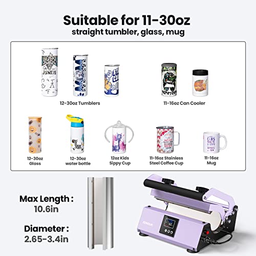 EENOUR Tumbler Mug Heat Press Machine 30oz 20oz 16oz Sublimation Straight Blank Skinny Tumbler Glass Jar Can - DIY Heat Transfer Vinyl with Temp&Timer Setting for 11-16oz Coffee/Ceramic Mugs -Purple