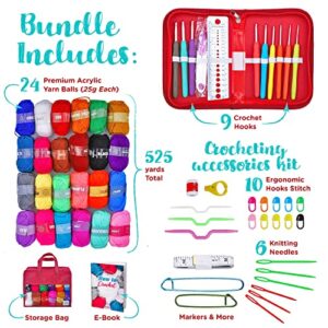 J MARK Crochet Kit for Beginners with Yarn Set, Premium Bundle Includes 1,320 Yards Acrylic Crochet Yarn Balls, Crochet Hooks, Needles, Book, Bags More, Professional Starter Pack for Adults and Kids