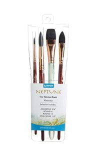 princeton artist brush neptune series 4750 – 4-piece synthetic squirrel watercolor paint brush set- includes aquarelle ¾” oval wash ½ & 2 round brushes sizes 4 & 12
