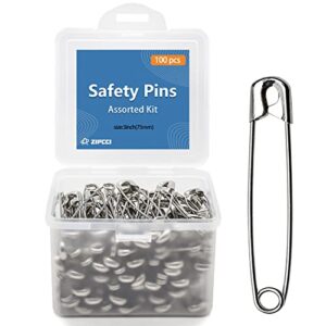 zipcci 3 inch safety pins, 100 pcs safety pins heavy duty, large safety pins, steel wire