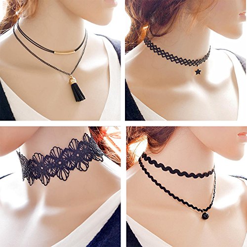 Trasfit 10 Pieces Lace Choker Necklace for Women Girls, Black Classic Velvet Stretch Punk Gothic Tattoo Lace (10 Style #1)