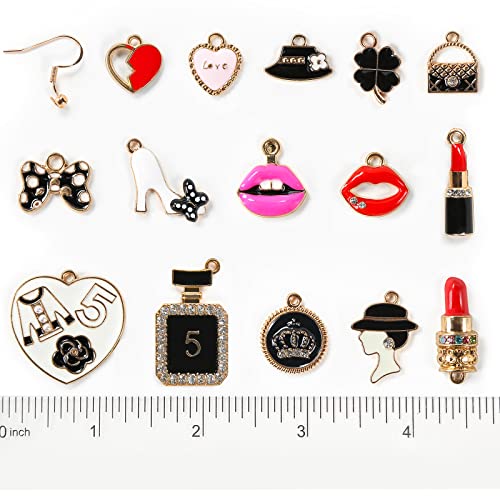 BigOtters 38PCS Assorted Mini Gold Plated Enamel Charm Set, 18PCS Women Makeup Fashion Charms Pendant Lipstick Perfume Fashion Style Charm Pendant with 20PCS Golden Ear Hooks in Jewelry Making