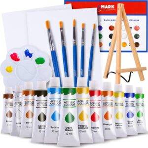 j mark paint kit, 22 piece set acrylic canvas painting kit with wood easel, 8×10 inch canvases, 12 non toxic washable paints, 5 brushes, palette and color mixing guide