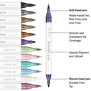 GC QUILL 12 Colors Metallic Marker Pens - Dual Tip Brush and Fine Point Pens for DIY Album, Black Cards, Scrapbooking, Craft Supplies, on Ceramic, Stone, Glass, Fabric GC-MP12