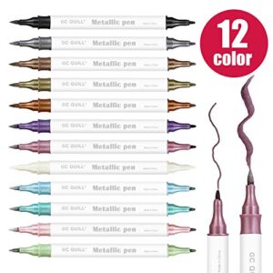 GC QUILL 12 Colors Metallic Marker Pens - Dual Tip Brush and Fine Point Pens for DIY Album, Black Cards, Scrapbooking, Craft Supplies, on Ceramic, Stone, Glass, Fabric GC-MP12