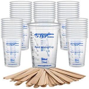 tcp global 10 ounce (300ml) disposable flexible clear graduated plastic mixing cups – box of 50 cups & 50 mixing sticks – use for paint, resin, epoxy, art, kitchen – measuring ratios 2-1, 3-1, 4-1, ml