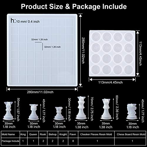 Endoto Chess Set with Checkers Board Silicone Resin Mold, 16 Pieces Full Size 3D Chess Crystal Epoxy Casting Molds for DIY Art Crafts Making, Family Party Board Games and Home Decoration