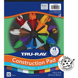 Tru-Ray® Heavyweight Construction Paper Pad, 10 Assorted Colors, 9" x 12", 50 Sheets