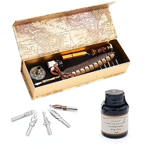 GC QUILL Antique Quill Pen Unique Half-Patterned Feather Pen Set with 6 Nibs 1 Bottle of Ink 1 Seal Stamp 1 Pen Holder 1 Sealing Wax LL-149
