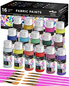 permanent fabric paint for clothes, 16 colors – fabric paint for canvas textile paint cloth paint fabric paint set fabric paints child safe paint for fabric with 10 brushes & storage box (60ml each)