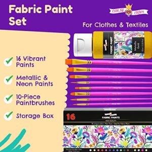 Permanent Fabric Paint for Clothes, 16 Colors - Fabric Paint for Canvas Textile Paint Cloth Paint Fabric Paint Set Fabric Paints Child Safe Paint for Fabric with 10 Brushes & Storage Box (60ml each)