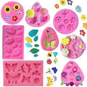 kulenand 8 pcs flower fondant cake mold set – rose butterfly daisy rose leaf and mini flowers candy silicone molds for chocolate fondant polymer clay soap crafting projects cake decoration