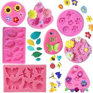 KULENAND 8 Pcs Flower Fondant Cake Mold Set - Rose Butterfly Daisy Rose Leaf and Mini Flowers Candy Silicone Molds for Chocolate Fondant Polymer Clay Soap Crafting Projects Cake Decoration