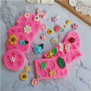 KULENAND 8 Pcs Flower Fondant Cake Mold Set - Rose Butterfly Daisy Rose Leaf and Mini Flowers Candy Silicone Molds for Chocolate Fondant Polymer Clay Soap Crafting Projects Cake Decoration