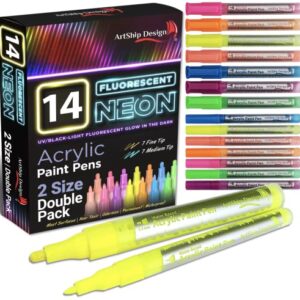 14 Pack Neon UV Fluorescent Acrylic Paint Pens, Double Pack of Both Extra Fine and Medium Tip Paint Markers, for Rock Painting, Mug, Ceramic, Glass, and More, Water Based Non-Toxic and No Odor