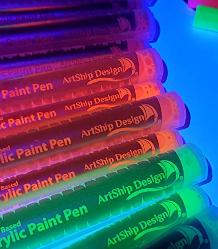14 Pack Neon UV Fluorescent Acrylic Paint Pens, Double Pack of Both Extra Fine and Medium Tip Paint Markers, for Rock Painting, Mug, Ceramic, Glass, and More, Water Based Non-Toxic and No Odor