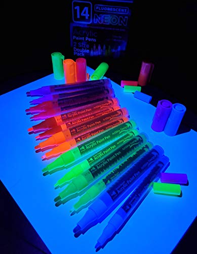 14 Pack Neon UV Fluorescent Acrylic Paint Pens, Double Pack of Both Extra Fine and Medium Tip Paint Markers, for Rock Painting, Mug, Ceramic, Glass, and More, Water Based Non-Toxic and No Odor