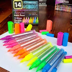 14 Pack Neon UV Fluorescent Acrylic Paint Pens, Double Pack of Both Extra Fine and Medium Tip Paint Markers, for Rock Painting, Mug, Ceramic, Glass, and More, Water Based Non-Toxic and No Odor