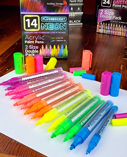 14 Pack Neon UV Fluorescent Acrylic Paint Pens, Double Pack of Both Extra Fine and Medium Tip Paint Markers, for Rock Painting, Mug, Ceramic, Glass, and More, Water Based Non-Toxic and No Odor