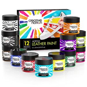 creative nation 12-pack leather paint for sneakers & leather accessories – premium acrylic shoe paint kit for bags, purses & more – waterproof, flexible, long-lasting paints, 0.95 oz.