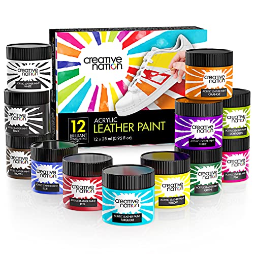 Creative Nation 12-Pack Leather Paint for Sneakers & Leather Accessories - Premium Acrylic Shoe Paint Kit for Bags, Purses & More - Waterproof, Flexible, Long-Lasting Paints, 0.95 Oz.