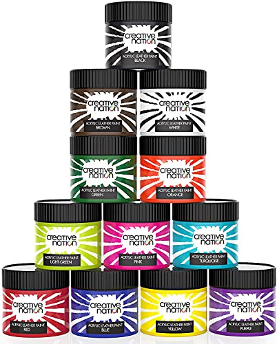 Creative Nation 12-Pack Leather Paint for Sneakers & Leather Accessories - Premium Acrylic Shoe Paint Kit for Bags, Purses & More - Waterproof, Flexible, Long-Lasting Paints, 0.95 Oz.