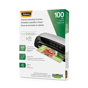 fellowes thermal laminating pouches, 5mil letter size sheets, 9 x 11.5, 100 pack, clear (5743501) 