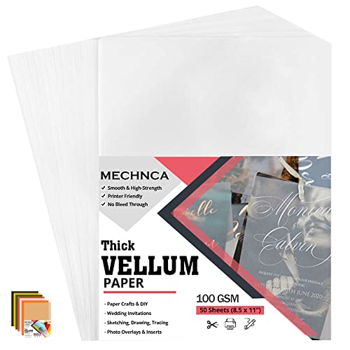 Vellum Paper 8.5 x 11 Translucent Printable - Pack of 50 - Tracing Paper for Drawing 100 GSM Printable Vellum Paper for Invitations - Transparent Paper for Envelopes, Sketching, Wedding Cards