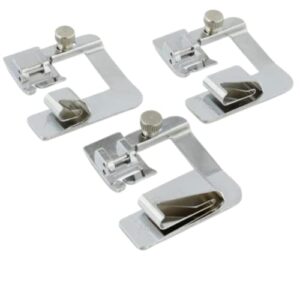 madam sew rolled hem presser foot set – 3 piece wide hemmer foot kit includes 1/2”, 3/4″ and 1” presser feet – compatible with singer, brother, babylock, euro-pro, janome and more