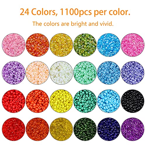 Quefe 26400pcs 2mm Glass Seed Beads 24 Colors Small Beads Kit Bracelet Beads with 24-Grid Plastic Storage Box for Jewelry Making