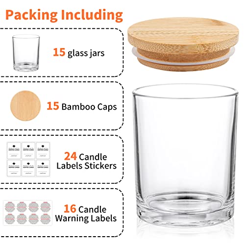 SUPMIND 15 Pack Candle Glass Jars-7oz Clear Empty Candle Jars with Bamboo Lids and Sticky Labels, Bulk Candle Jars for Making Candles Containers - Dishwasher Safe