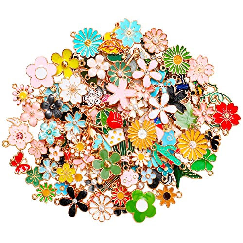 MARFOREVER 120 Pcs Easter Gifts for Women Girls Spring Easter Floral Themed Flower Charms for Jewelry Making, Assorted Gold Enamel Charm Pendants for DIY Necklace Bracelet Earrings Making Supplies