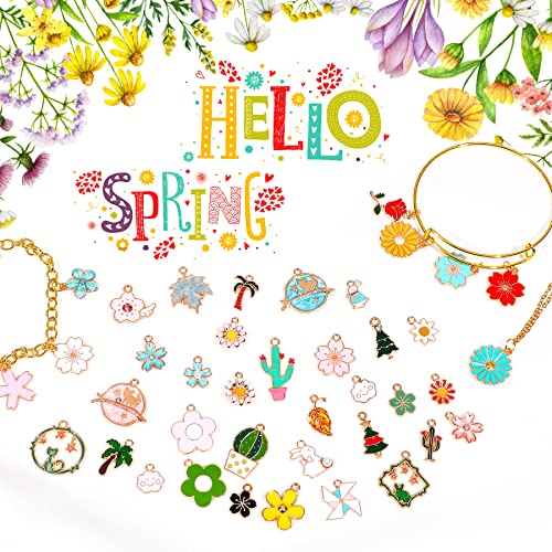 MARFOREVER 120 Pcs Easter Gifts for Women Girls Spring Easter Floral Themed Flower Charms for Jewelry Making, Assorted Gold Enamel Charm Pendants for DIY Necklace Bracelet Earrings Making Supplies