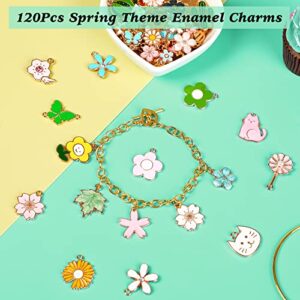 MARFOREVER 120 Pcs Easter Gifts for Women Girls Spring Easter Floral Themed Flower Charms for Jewelry Making, Assorted Gold Enamel Charm Pendants for DIY Necklace Bracelet Earrings Making Supplies