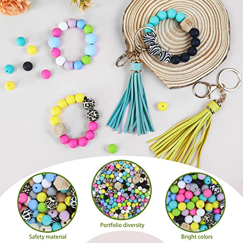 255Pcs Silicone Beads, Silicone Beads for Keychain Making, 12mm 15mm Loose Beads for Keychain Making 15 Colors Bead Bracelet Making kit, Craft Necklace Beads for DIY Jewelry Making