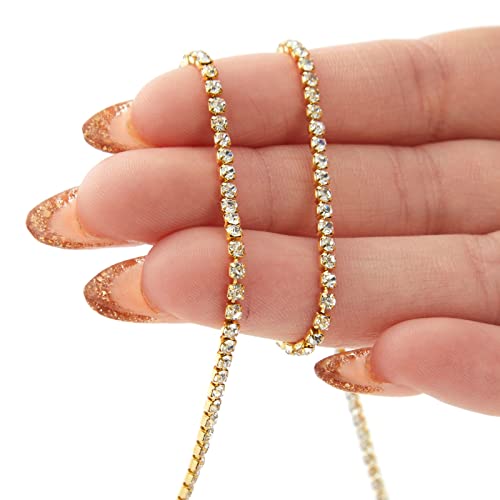 11 Yards Rhinestone Chain, Gold Trim Bling String for DIY Jewelry Making, Crafts, Shoe Charms (2mm Wide)