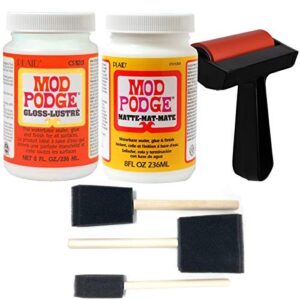 mod podge bundle, 8 ounce gloss and matte medium waterproof sealer, pixiss accessory kit with foam brushes, gloves, glue spreaders and more 8oz