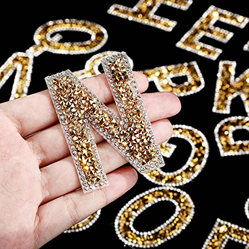 37 Pieces Rhinestone Letter Stickers Large Glitter Alphabet Stickers Number Crystal Self Adhesive Stickers Iron on Letters for Clothing Art Crafts DIY Decors (Gold, White)